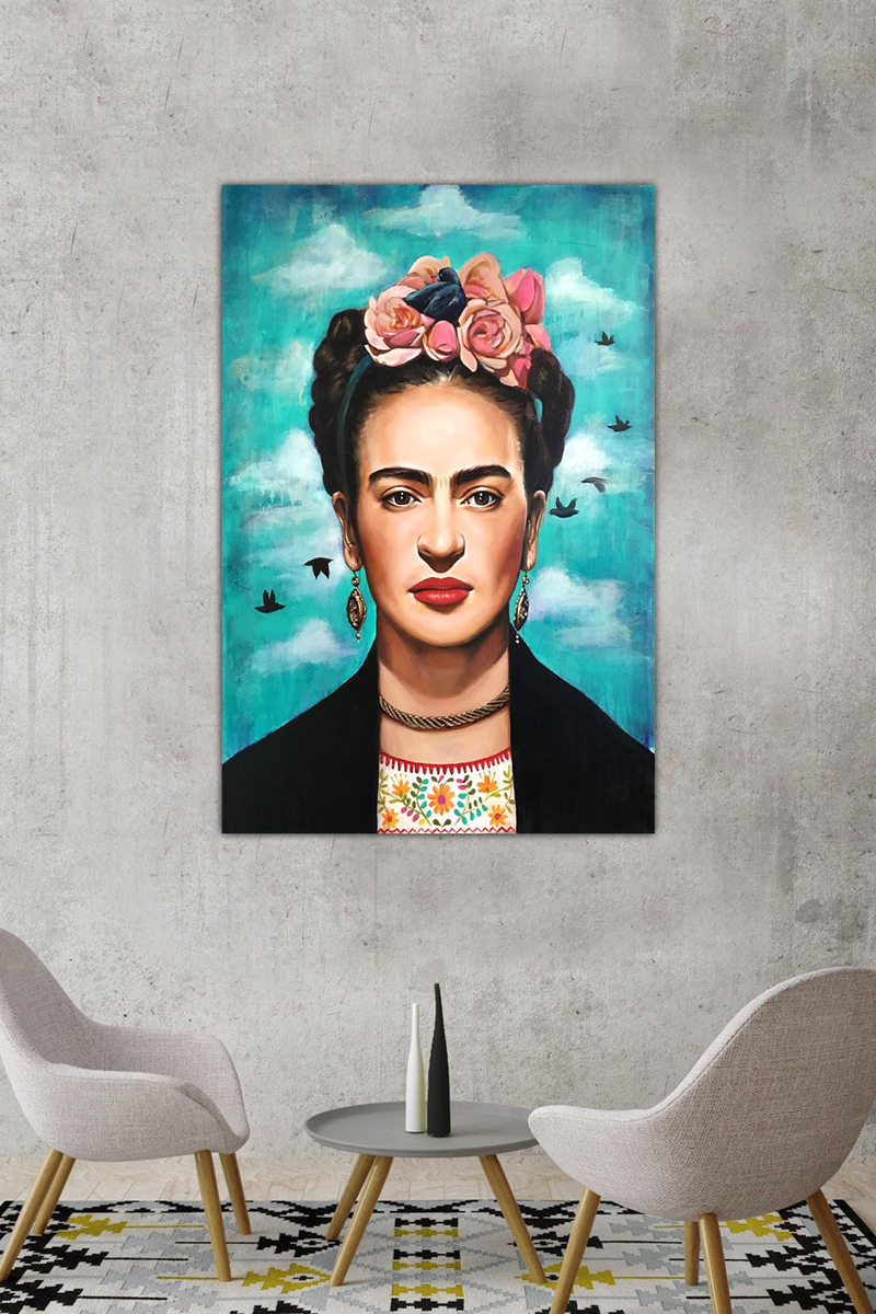 Frida Kahlo Portre Desenli Dijital Baskılı Kanvas Tablo