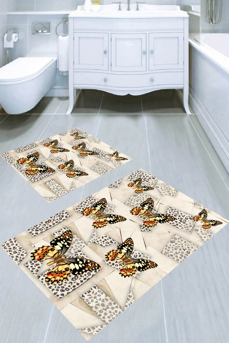 Geometrik Leopar ve Kelebek Desenli 2'li Banyo Paspası (50x60 cm - 60x100 cm)