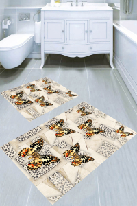 Geometrik Leopar ve Kelebek Desenli 2'li Banyo Paspası (50x60 cm - 60x100 cm) - 1