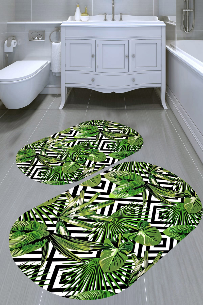 Geometrik Yaprak Desenli 2'li Banyo Paspası (50x60 cm - 60x100 cm)