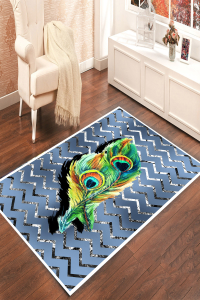 Geometrik Zeminli Tavus Kuşu Tüyü Dijital Baskılı Halı - 1