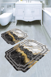 Gold Geçişli Dekoratif Çerçeve Mermer Desenli 2li Banyo Paspası (50x60 cm - 60x100 cm) - Thumbnail