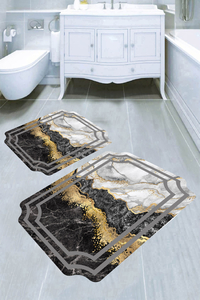 Gold Geçişli Dekoratif Çerçeve Mermer Desenli 2li Banyo Paspası (50x60 cm - 60x100 cm) - 1
