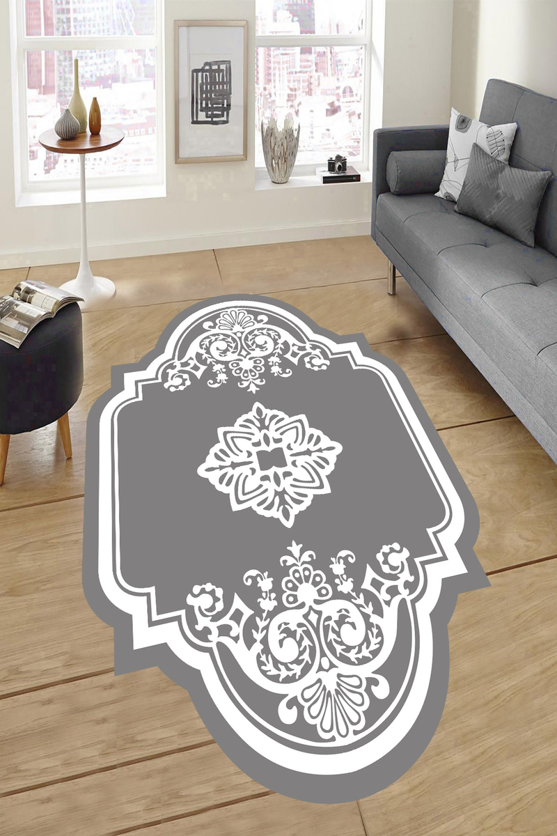 Gri Beyaz Dekoratif Motifli Dijital Baskılı Halı