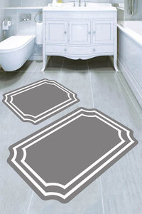Gri Zemin Dekoratif Çerçeve Desenli 2li Banyo Paspası (50x60 cm - 60x100 cm) - 1