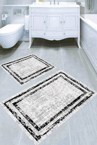 Gri Zemin Eskitme Çerçeve Desenli 2li Banyo Paspası (50x60 cm - 60x100 cm) - 3
