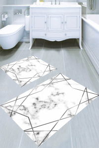 Gümüş Şerit Detaylı Beyaz Mermer Desenli 2′li Banyo Paspası (50x60 cm - 60x100 cm) - Thumbnail
