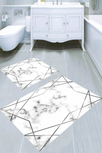 Gümüş Şerit Detaylı Beyaz Mermer Desenli 2′li Banyo Paspası (50x60 cm - 60x100 cm) - 4