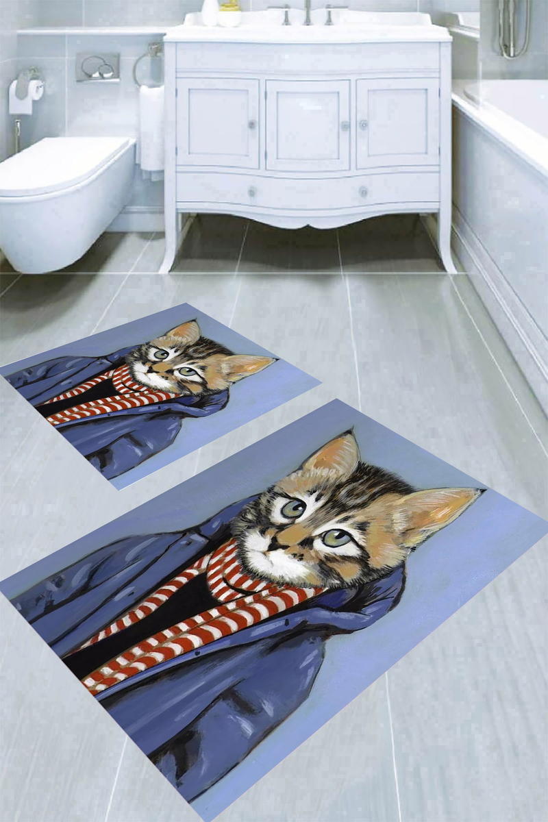 Hüzünlü Kedi Desenli 2li Banyo Paspası (50x60 cm - 60x100 cm)