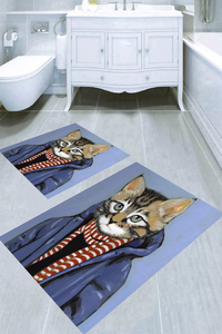 Hüzünlü Kedi Desenli 2li Banyo Paspası (50x60 cm - 60x100 cm) - Thumbnail
