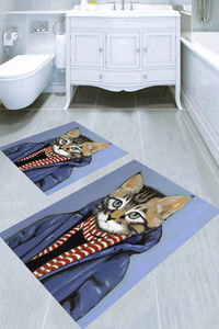Hüzünlü Kedi Desenli 2li Banyo Paspası (50x60 cm - 60x100 cm) - 1