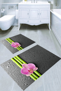 Islak Bambular Ve Orkide Desenli 2li Banyo Paspası (50x60 cm - 60x100 cm) - 1