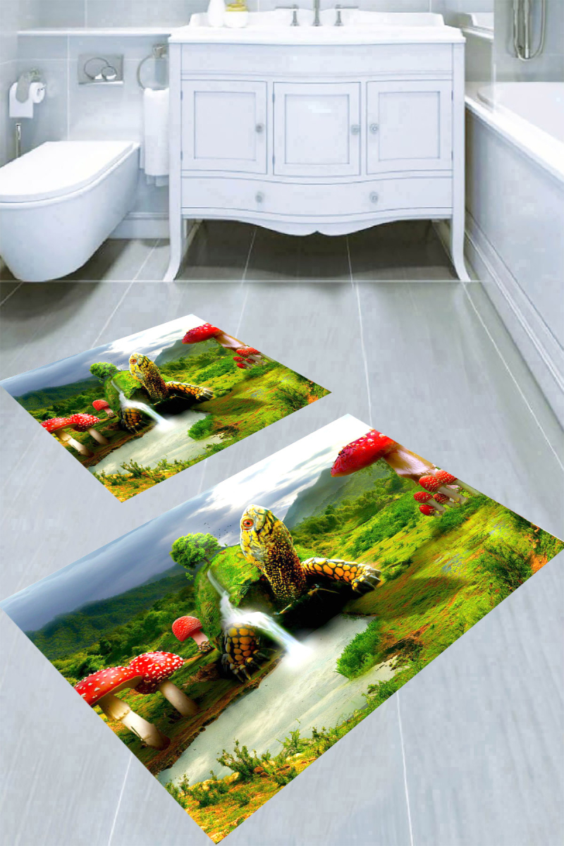 Kaplumbağa Şelalesi Desenli 2li Banyo Paspası (50x60 cm - 60x100 cm)