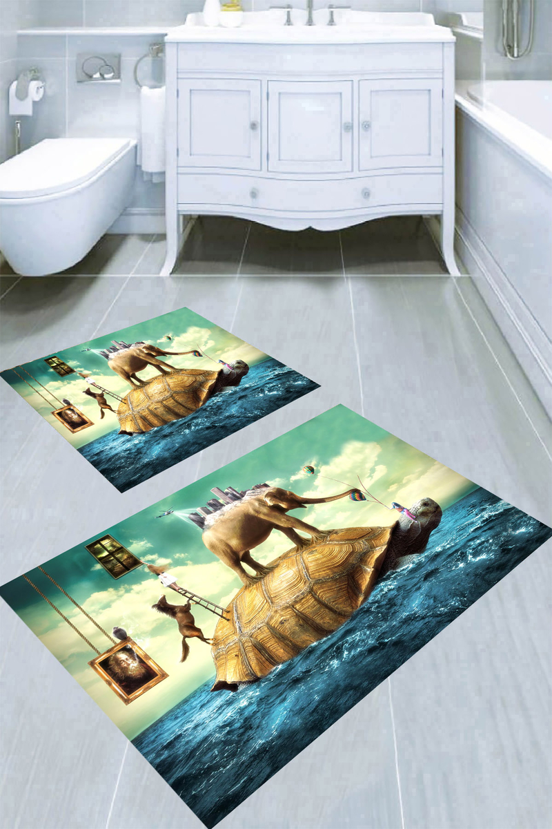 Kaplumbağa ve Fil Desenli 2li Banyo Paspası (50x60 cm - 60x100 cm)