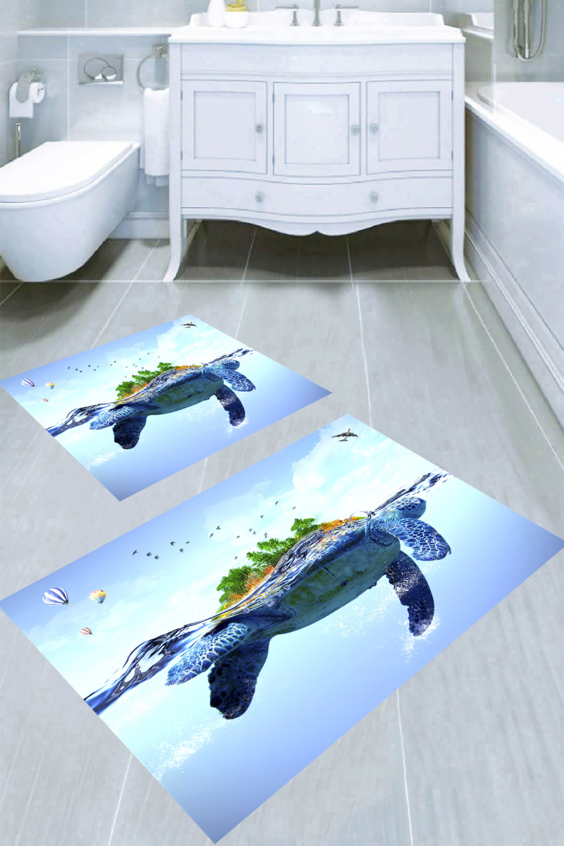 Kaplumbağanın Sırtında Yaşam Desenli 2li Banyo Paspası (50x60 cm - 60x100 cm)