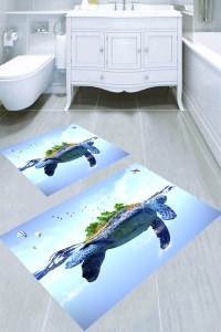 Kaplumbağanın Sırtında Yaşam Desenli 2li Banyo Paspası (50x60 cm - 60x100 cm) - Thumbnail