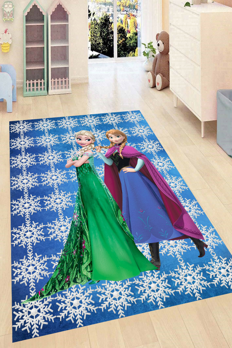 Kar Taneleri ve Elsa Desenli Dijital Baskılı Halı