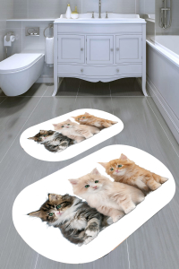 Kardeş Kediler Desenli 2'li Banyo Paspası (50x60 cm - 60x100 cm) - Thumbnail