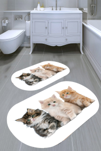 Kardeş Kediler Desenli 2'li Banyo Paspası (50x60 cm - 60x100 cm) - 1