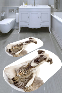 Kedi Ve Köpek Desenli 2'li Banyo Paspası (50x60 cm - 60x100 cm) - Thumbnail