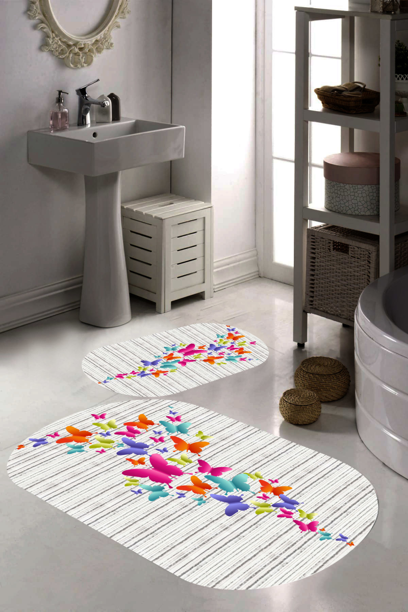 Kelebek Desenli 2'li Banyo Paspası (50x60 cm - 60x100 cm)