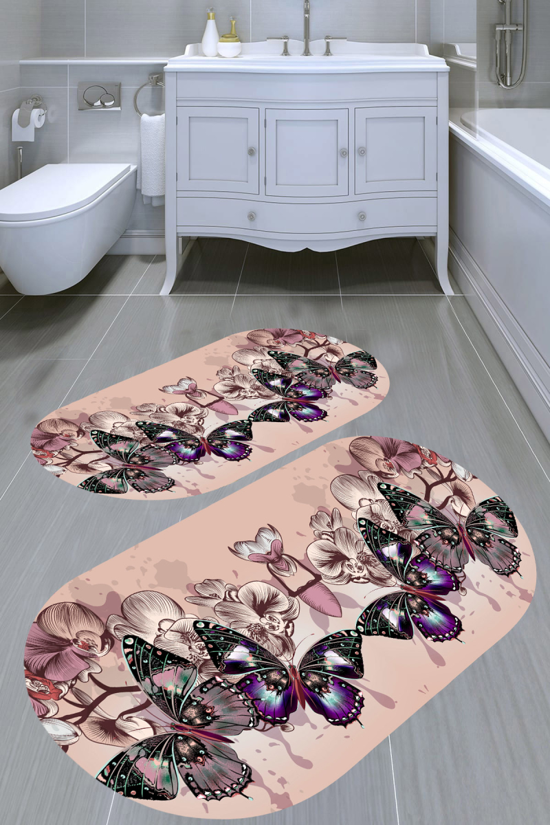 Kelebek Dünyası Desenli 2'li Banyo Paspası (50x60 cm - 60x100 cm)