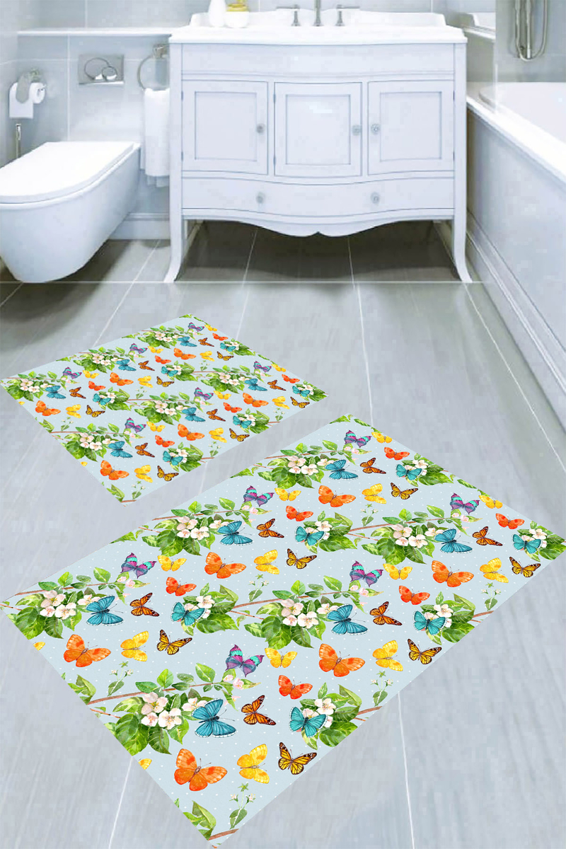 Kelebeklerin Dansı Desenli 2li Banyo Paspası (50x60 cm - 60x100 cm)