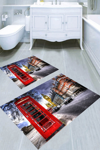 Kırmızı Telefon Kulübesi Desenli 2'li Banyo Paspası (50x60 cm - 60x100 cm) - 1