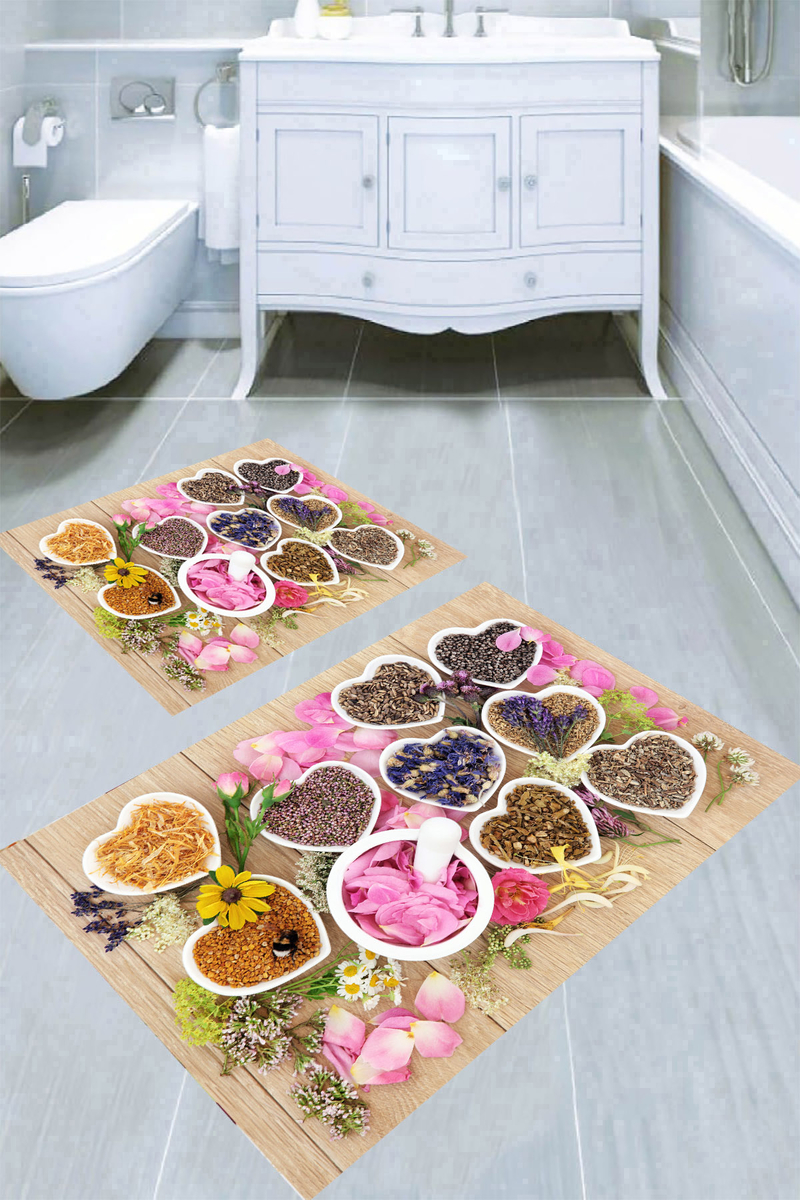 Kuru Bitki Tohumları Desenli 2li Banyo Paspası (50x60 cm - 60x100 cm)