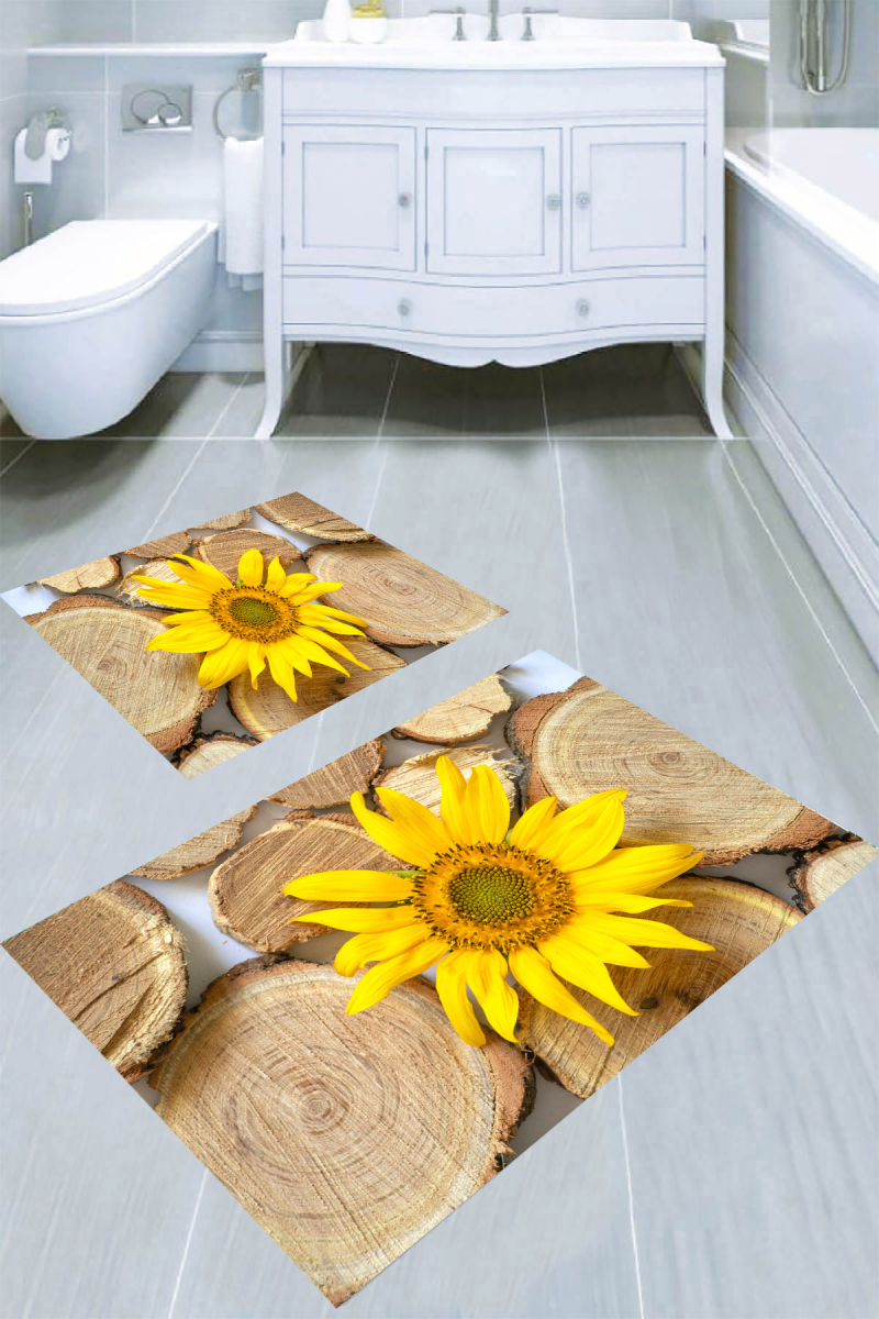 Kütük ve Ayçiçeği Desenli 2'li Banyo Paspası (50x60 cm - 60x100 cm)