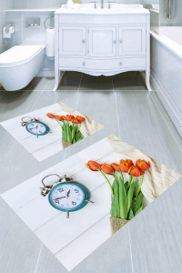 Lale ve Saat Desenli 2li Banyo Paspası (50x60 cm - 60x100 cm) - 4