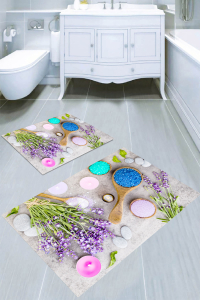 Lavanta ve Doğal Taş Desenli 2li Banyo Paspası (50x60 cm - 60x100 cm) - 1