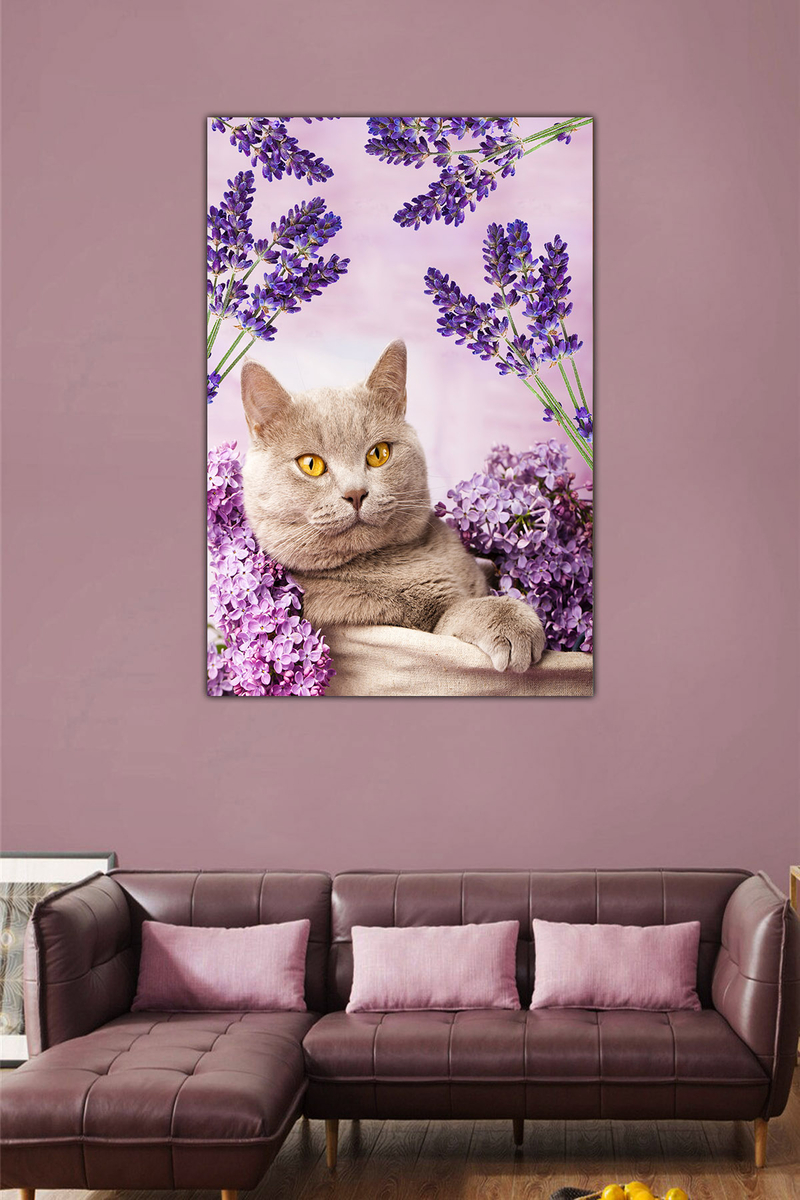 Lavantalar ve Kedi Desenli Dijital Baskılı Kanvas Tablo