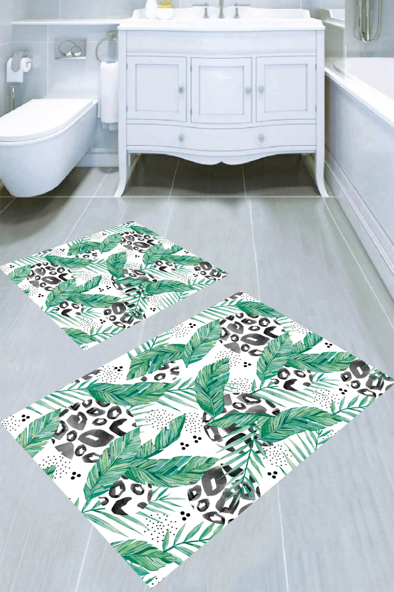Leopar Dokuları Palmiye Yaprakları Desenli 2'li Banyo Paspası (50x60 cm - 60x100 cm)