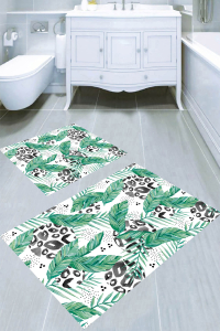 Leopar Dokuları Palmiye Yaprakları Desenli 2'li Banyo Paspası (50x60 cm - 60x100 cm) - Thumbnail