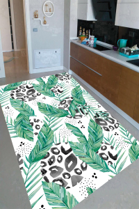 Leopar Dokuları Palmiye Yaprakları Desenli Dijital Baskılı Halı - Thumbnail