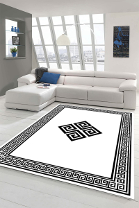 Makinede Yıkanabilir Kaymaz Taban Leke Tutmaz Beyaz Şekil Desenli Salon ve Yolluk Halısı - 1