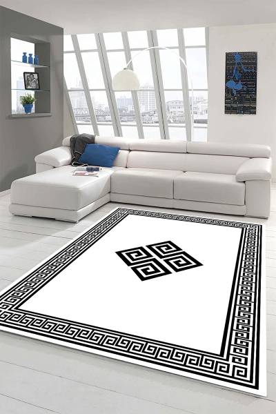 Makinede Yıkanabilir Kaymaz Taban Leke Tutmaz Beyaz Şekil Desenli Salon ve Yolluk Halısı - resmiro