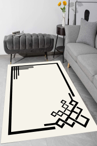 Makinede Yıkanabilir Kaymaz Taban Leke Tutmaz Çiçek Şerit Desenli Salon ve Yolluk Halısı - 1