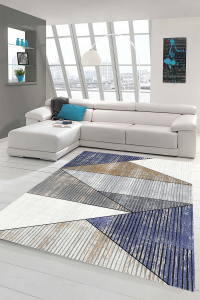 Makinede Yıkanabilir Kaymaz Taban Leke Tutmaz Geometrik Desenli Salon ve Yolluk Halısı - 1