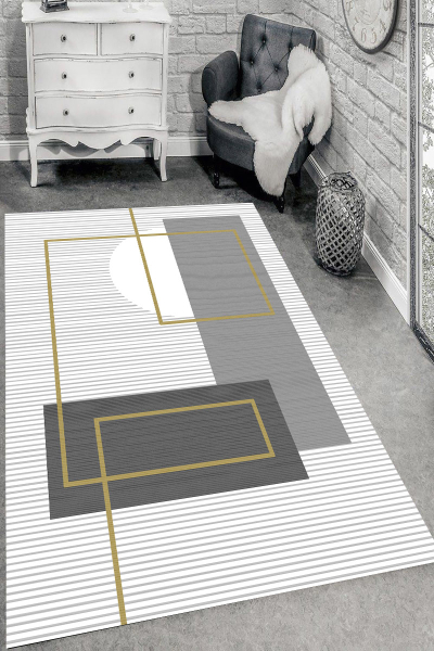 Makinede Yıkanabilir Kaymaz Taban Leke Tutmaz Gri Çizgili Salon ve Yolluk Halısı - resmiro