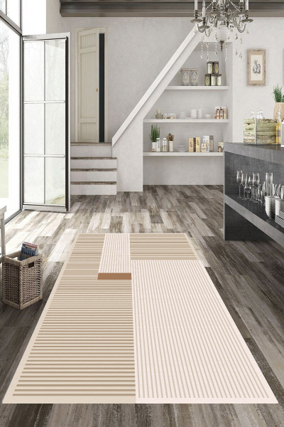 Makinede Yıkanabilir Kaymaz Taban Leke Tutmaz krem Çizgili Salon ve Yolluk Halısı - resmiro