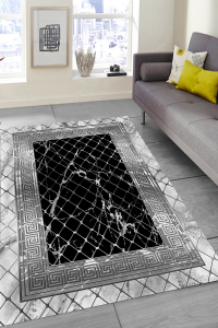 Makinede Yıkanabilir Kaymaz Taban Leke Tutmaz Siyah Mermer Desenli Salon ve Yolluk Halısı - 1