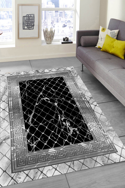 Makinede Yıkanabilir Kaymaz Taban Leke Tutmaz Siyah Mermer Desenli Salon ve Yolluk Halısı - resmiro