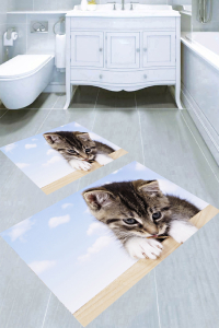 Masum Kedi Desenli 2li Banyo Paspası (50x60 cm - 60x100 cm) - Thumbnail