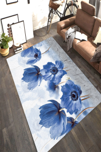 Mavi Kantaron Çiçeği Desenli Dijital Baskılı Halı - Thumbnail