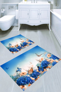 Mavi Kelebek Desenli 2li Banyo Paspası (50x60 cm - 60x100 cm) - Thumbnail
