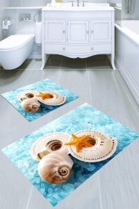 Mavi Taşlar ve Kabuk Desenli 2li Banyo Paspası (50x60 cm - 60x100 cm) - 4