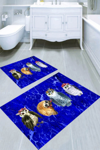 Mavi Zemin Baykuş Desenli 2'li Banyo Paspası (50x60 cm - 60x100 cm) - 1