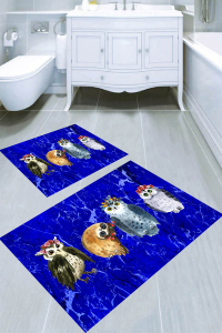 Mavi Zemin Baykuş Desenli 2'li Banyo Paspası (50x60 cm - 60x100 cm) - 3